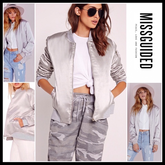 Aprils2ndcloset Jackets & Blazers - SILVER SATIN MOTO BOMBER VARSITY JACKET